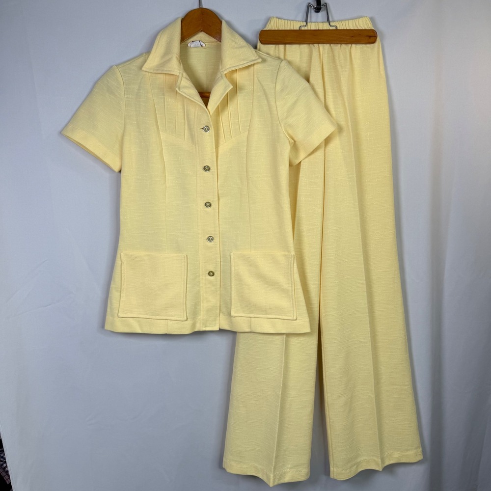 Vintage Che-Lynn Fashions Yellow Knit Pant Set 2pc Tunic Wide Leg 70s Womens 8